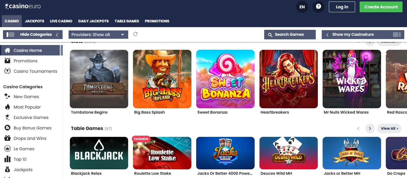 Screenshot of CasinoEuro's games lobby