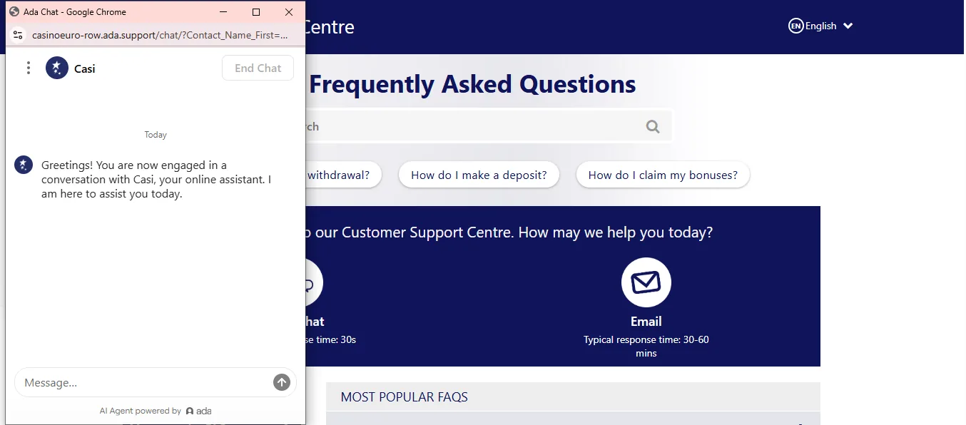 Screenshot of CasinoEuro's live chat support window