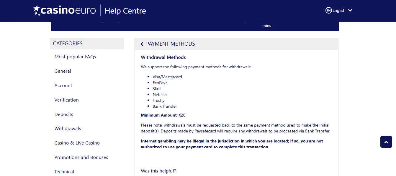 Screenshot of CasinoEuro's withdrawal section and limits