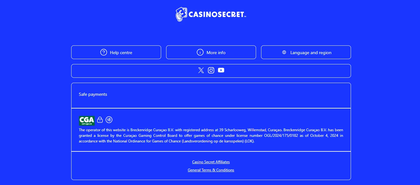 Screenshot of Casino Secret's footer licence and regulator details
