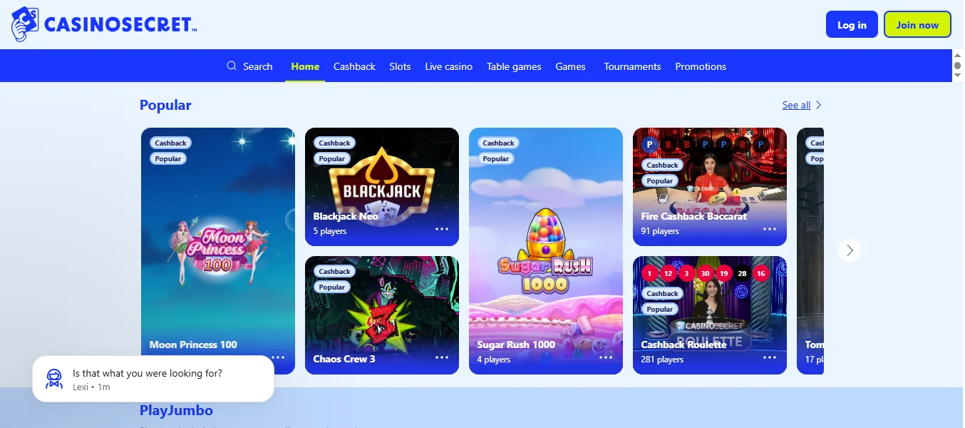 Screenshot of Casino Secret's homepage