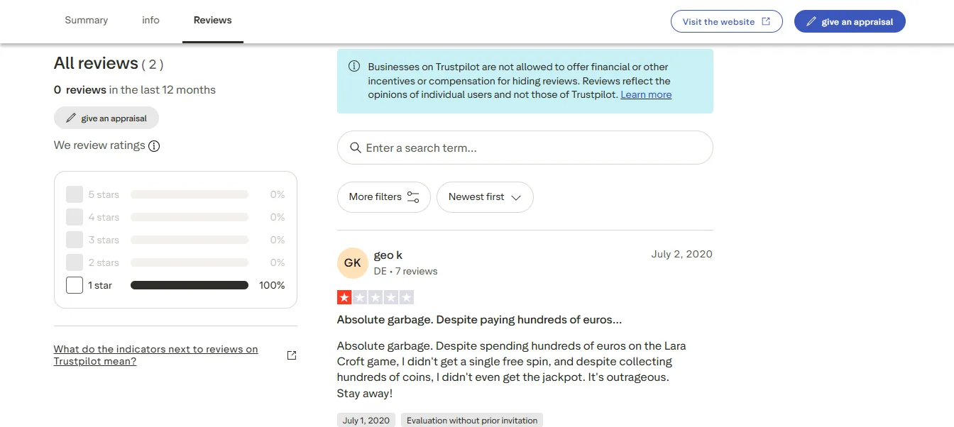 Screenshot of Casino Secret's negative Trustpilot review