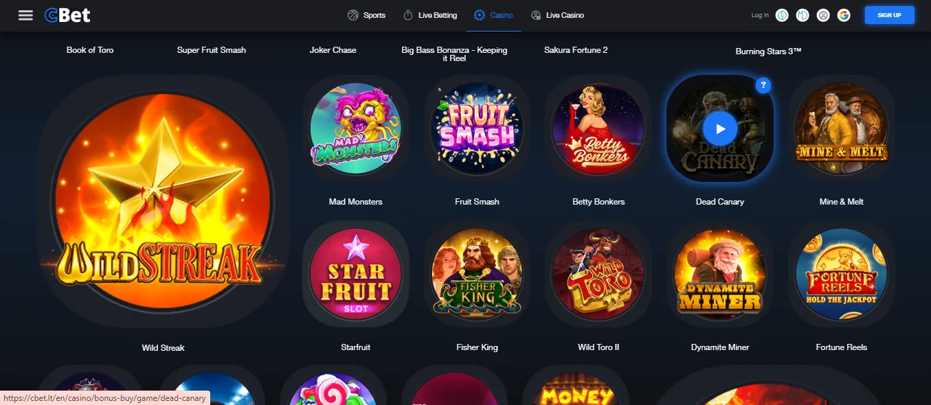 Screenshot of Cbet's games lobby