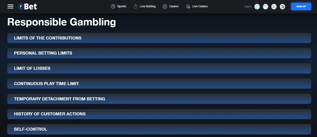 Screenshot of Cbet's responsible-gambling tools
