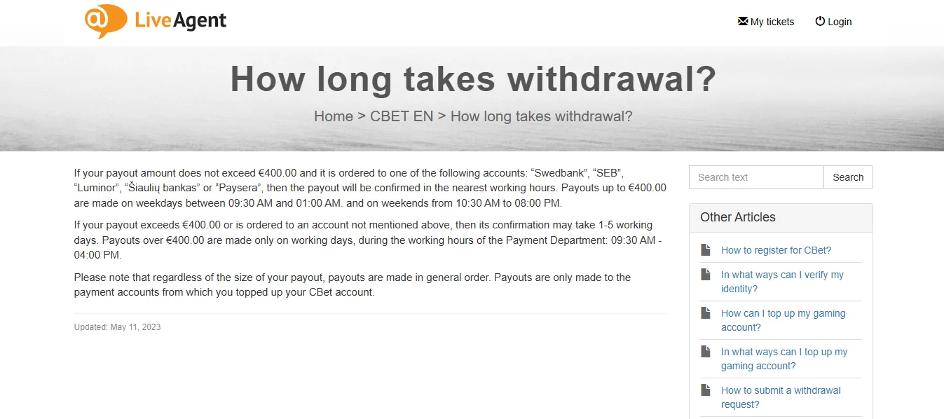 Screenshot of Cbet's withdrawal section and limits