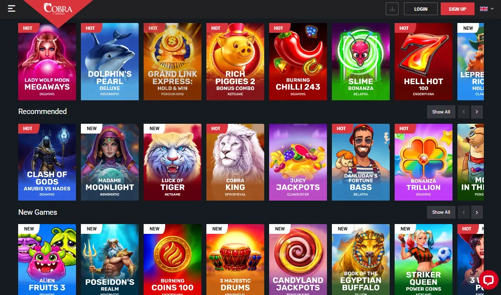 Screenshot of Cobra Casino's games lobby