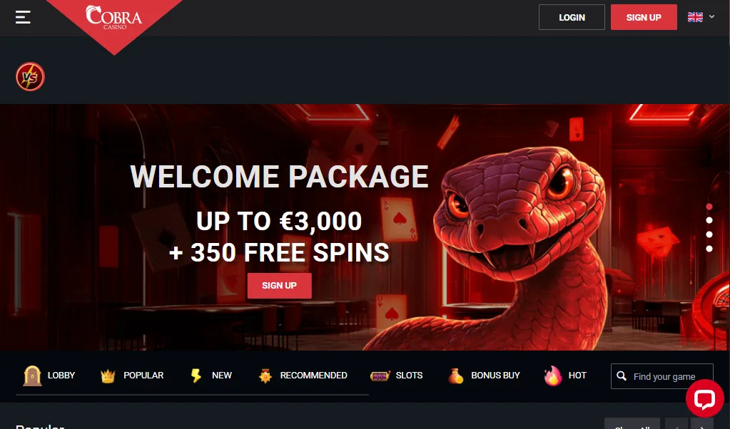 Screenshot of Cobra Casino's homepage