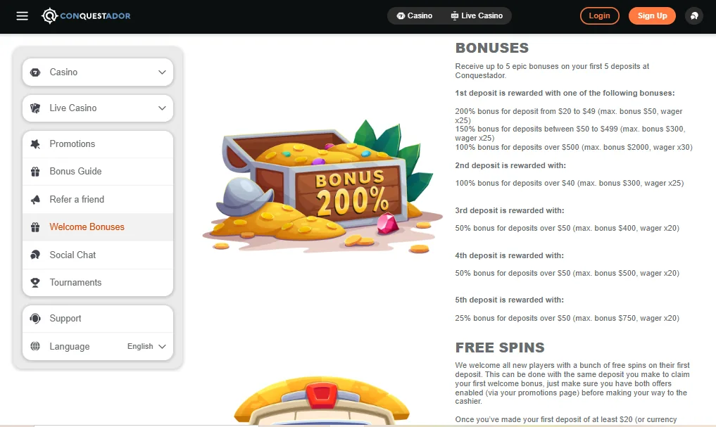 Screenshot of Conquestador's welcome bonus offer