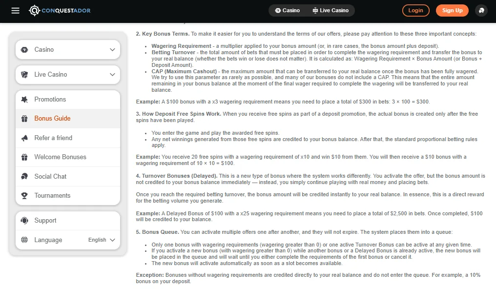 Screenshot of Conquestador's bonus terms and wagering requirements