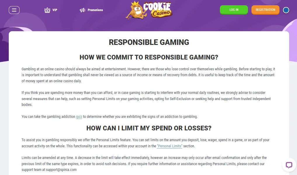 Screenshot of Cookie Casino's responsible-gambling tools