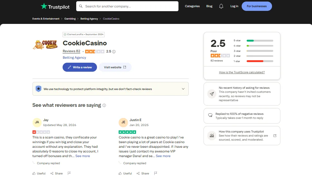 Screenshot of Cookie Casino's Trustpilot rating overview
