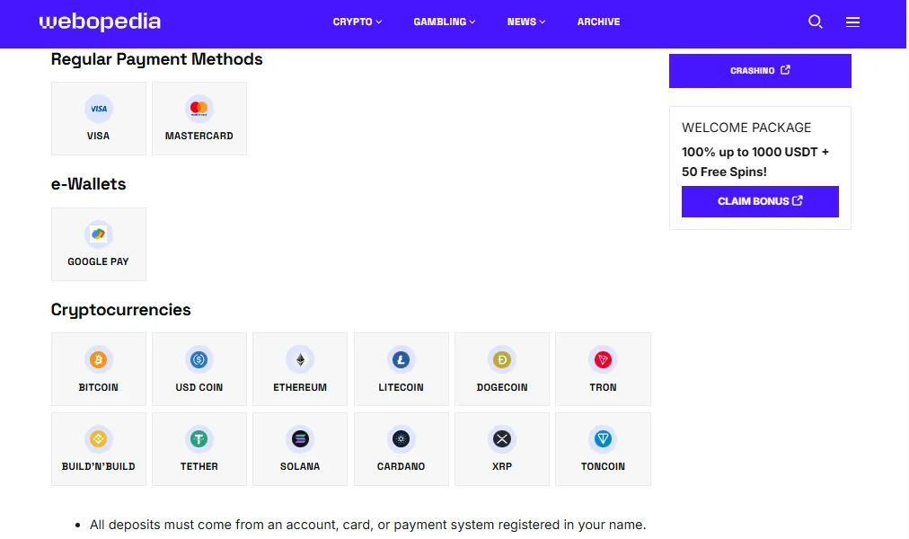 Screenshot of Crashino's cashier and payment methods