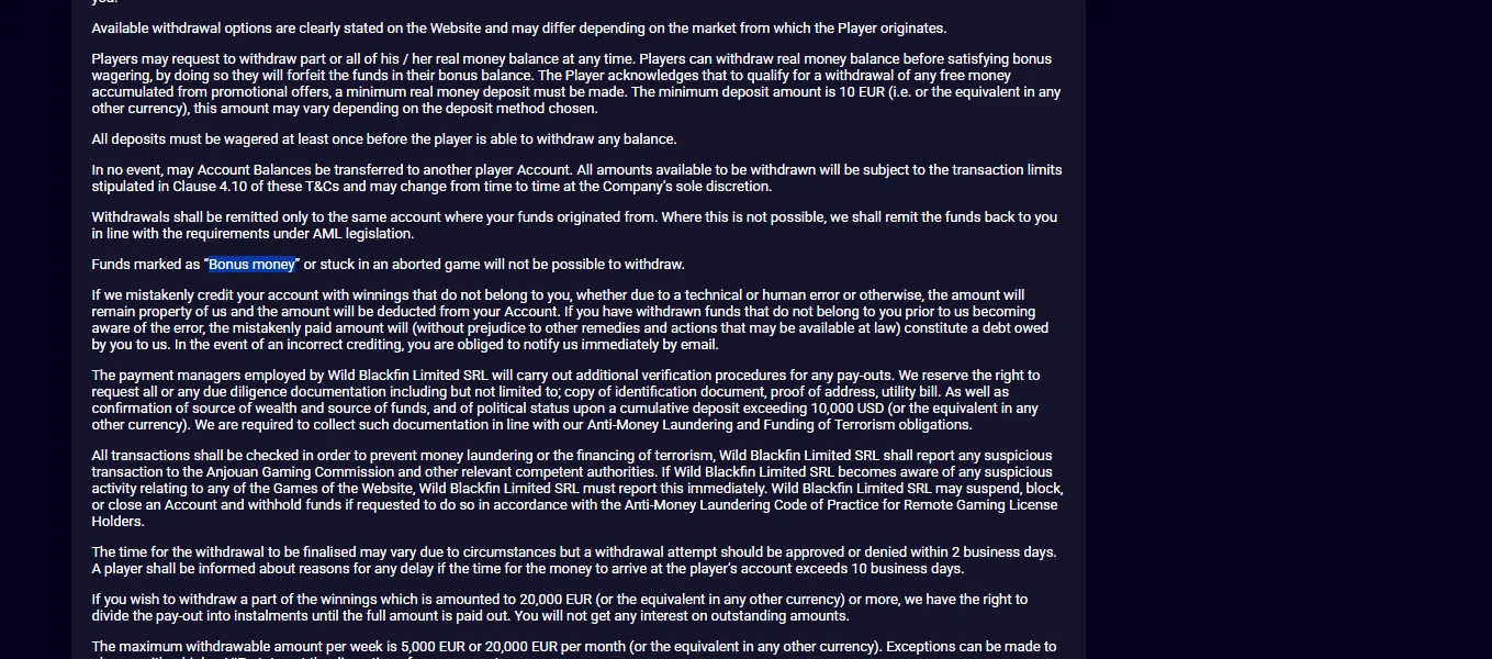 Screenshot of Cryptospin's bonus terms and wagering requirements
