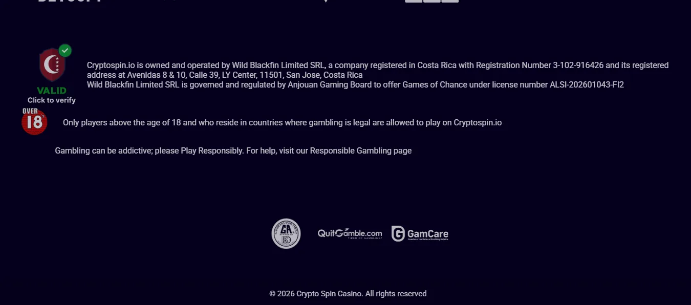 Screenshot of Cryptospin's footer licence and regulator details