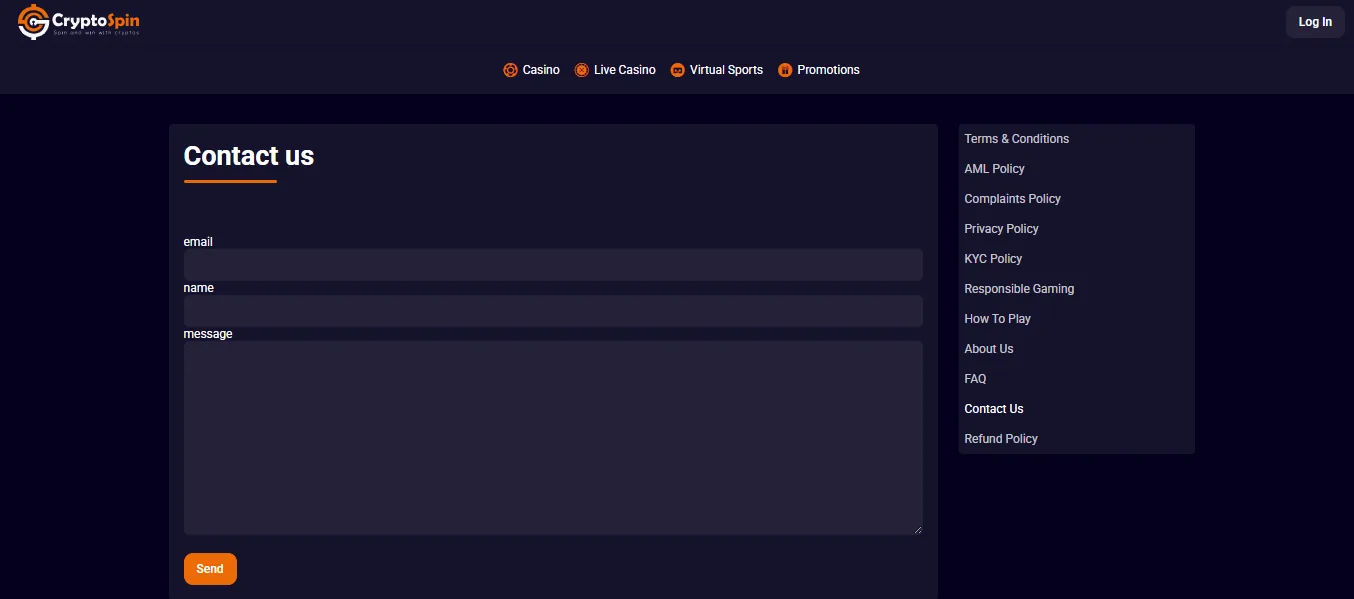 Screenshot of Cryptospin's live chat support window
