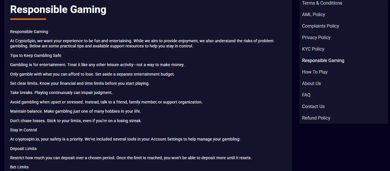 Screenshot of Cryptospin's responsible-gambling tools