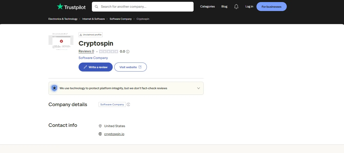 Screenshot of Cryptospin's Trustpilot rating overview