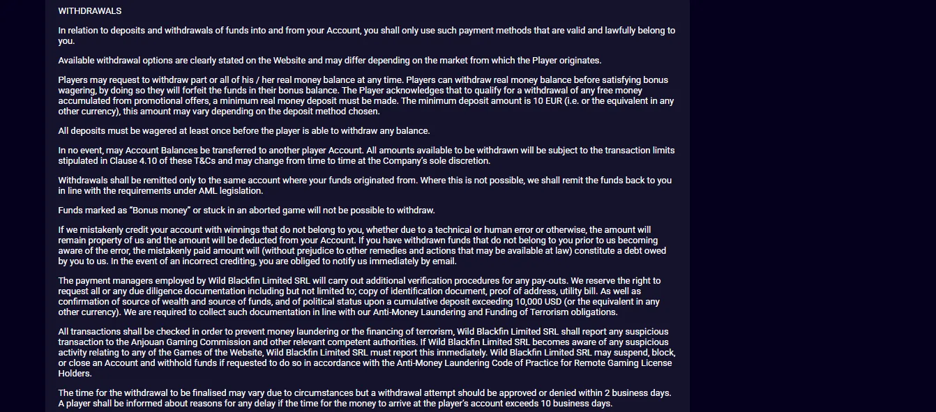 Screenshot of Cryptospin's withdrawal section and limits