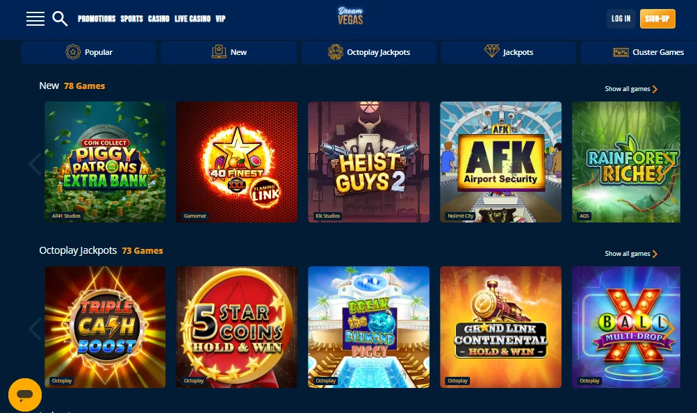 Screenshot of Dream Vegas's games lobby