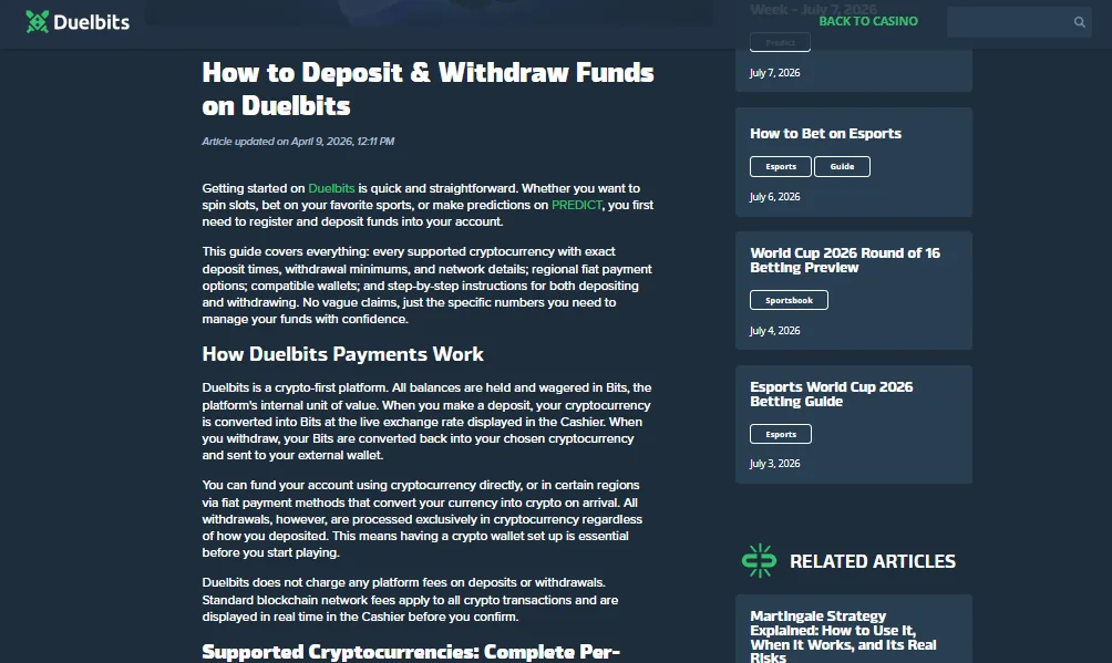 Screenshot of Duelbits's cashier and payment methods