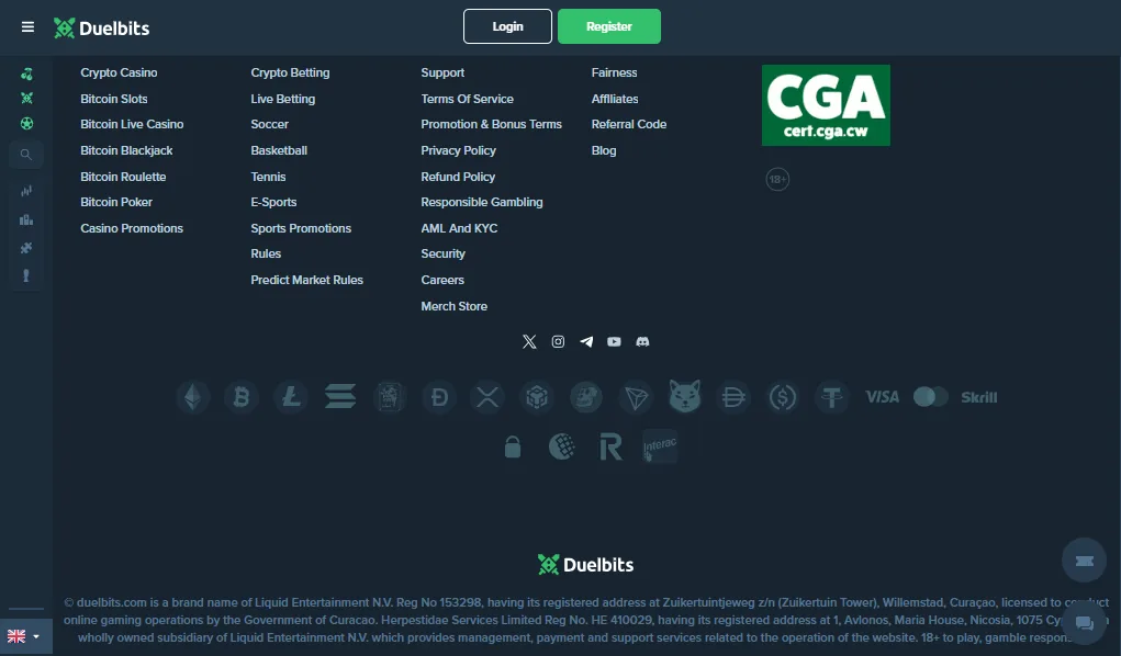 Screenshot of Duelbits's footer licence and regulator details