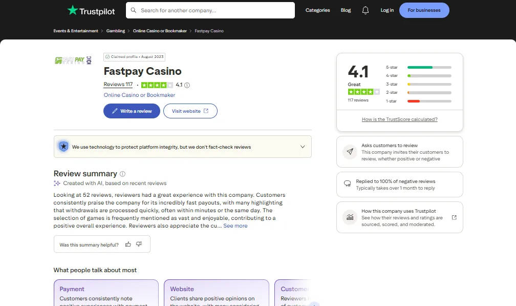 Screenshot of Fastpay's negative Trustpilot review