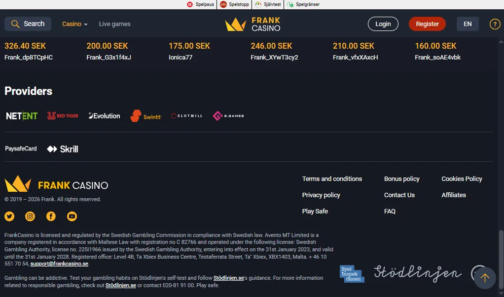 Screenshot of Frank Casino's footer licence and regulator details