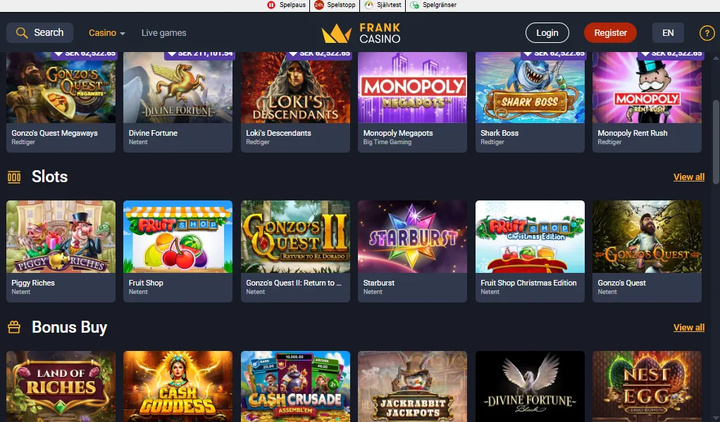 Screenshot of Frank Casino's games lobby