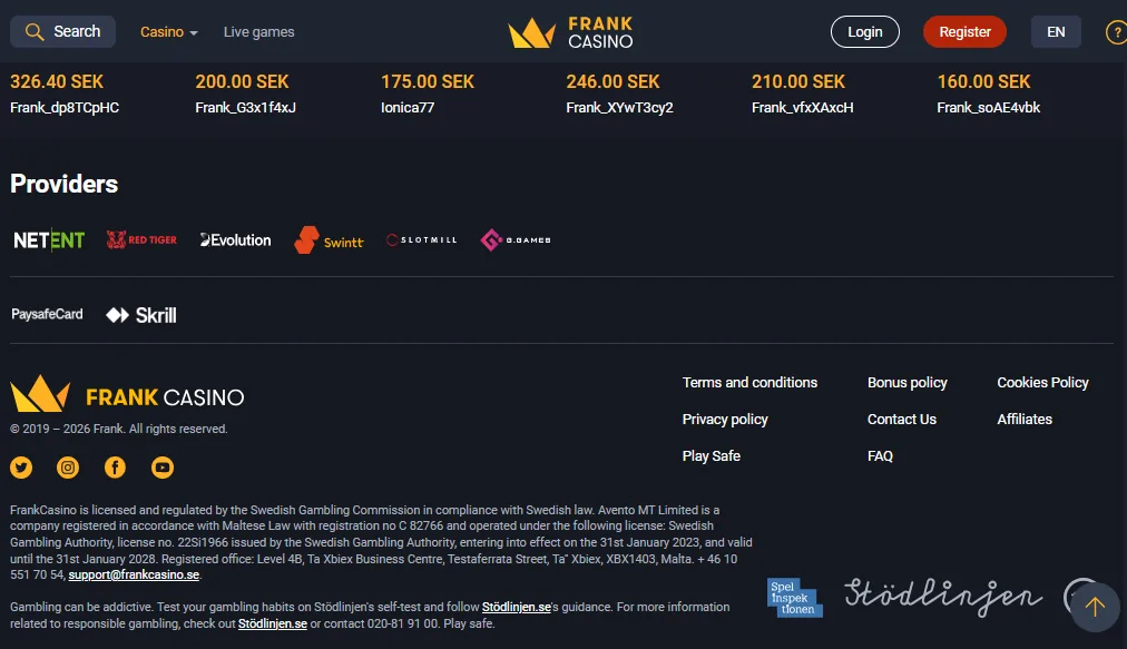 Screenshot of Frank Casino's responsible-gambling tools