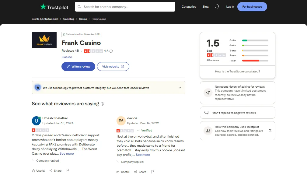 Screenshot of Frank Casino's Trustpilot rating overview