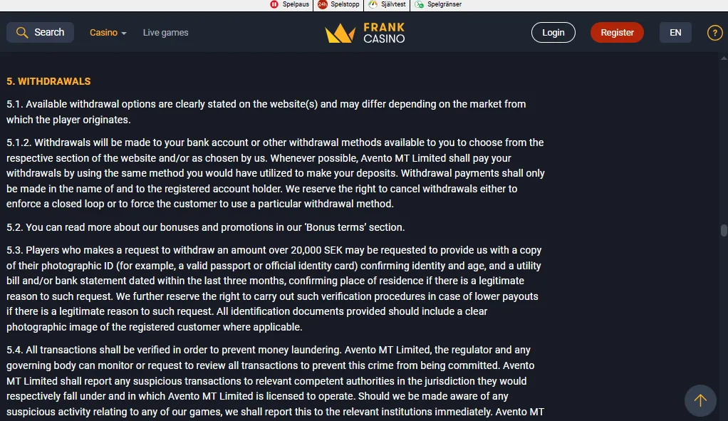 Screenshot of Frank Casino's withdrawal section and limits