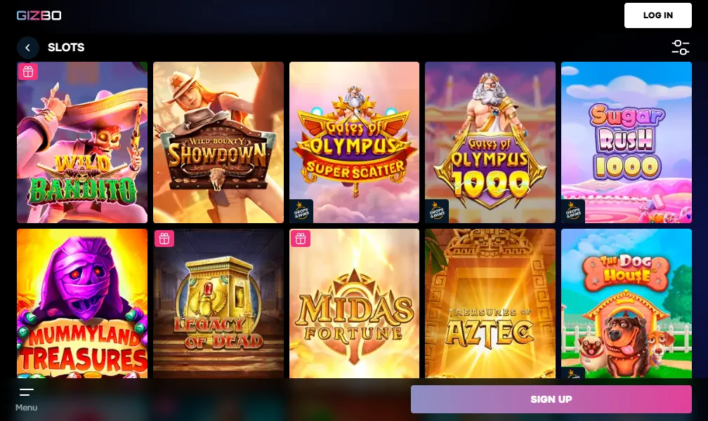 Screenshot of Gizbo's games lobby