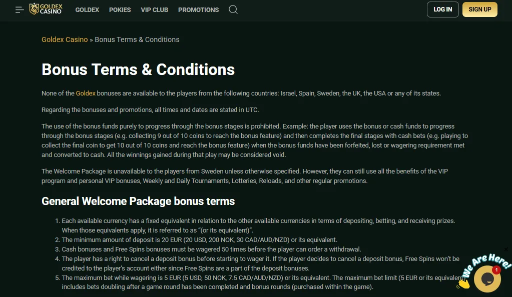 Screenshot of Goldex Casino's bonus terms and wagering requirements