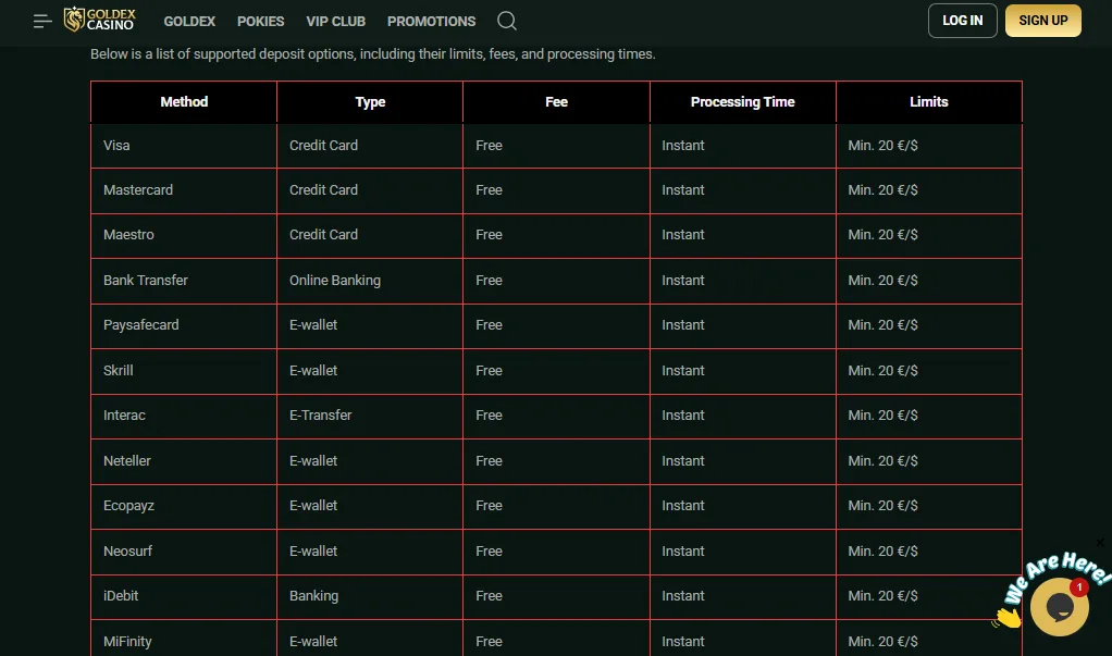 Screenshot of Goldex Casino's cashier and payment methods
