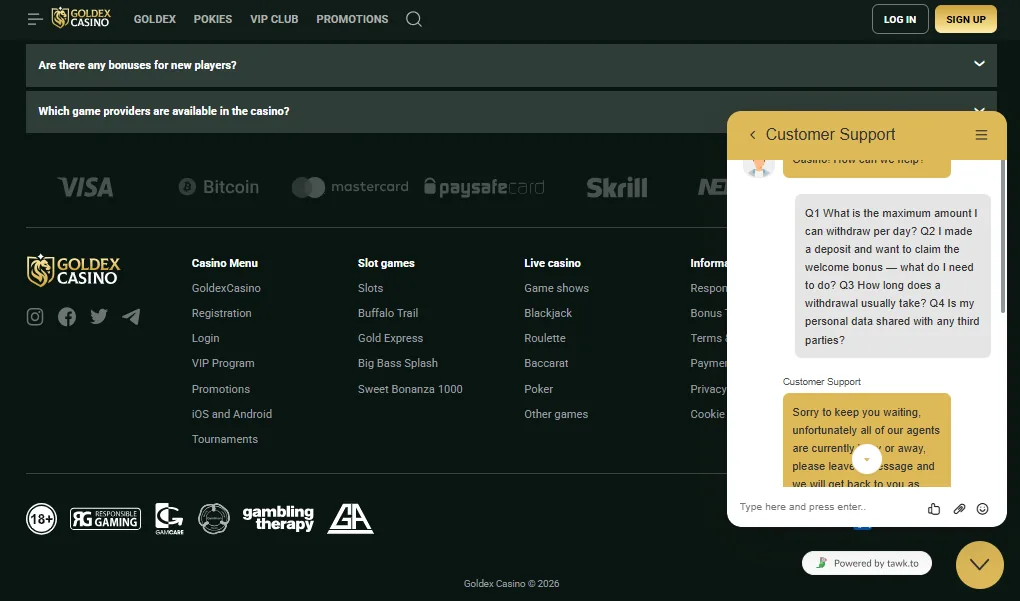 Screenshot of Goldex Casino's live chat support window