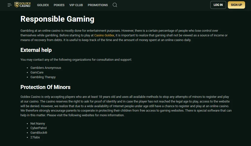 Screenshot of Goldex Casino's responsible-gambling tools