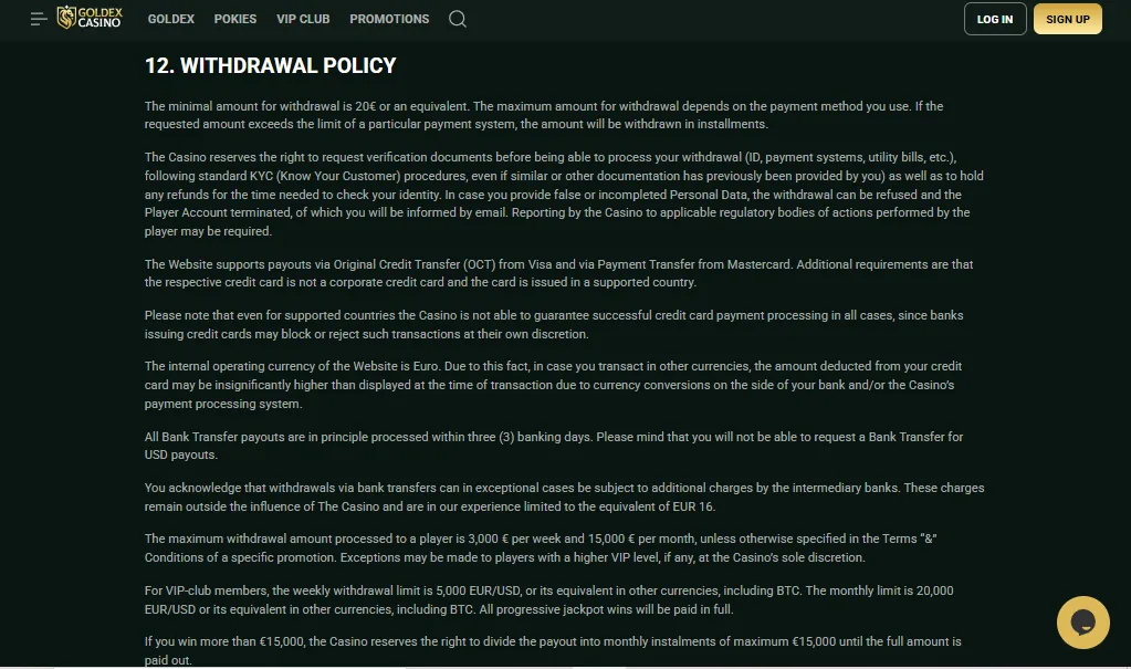 Screenshot of Goldex Casino's withdrawal section and limits