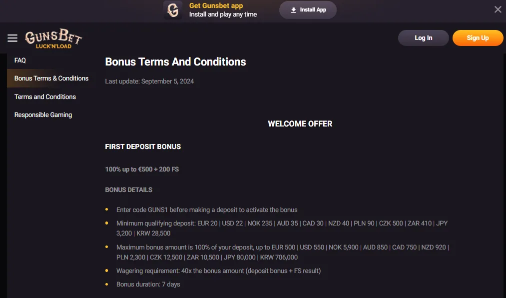Screenshot of GunsBet's bonus terms and wagering requirements
