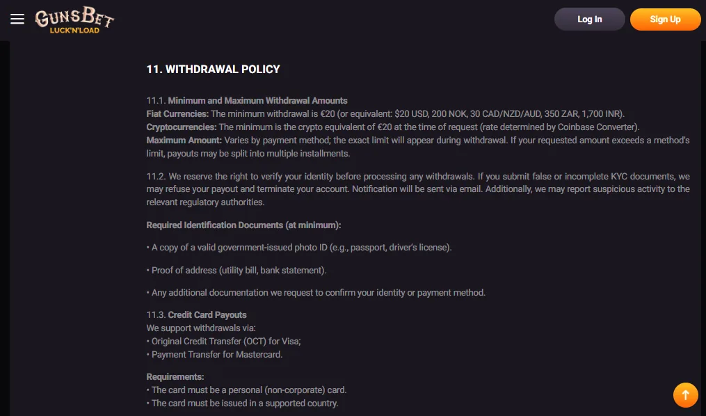 Screenshot of GunsBet's withdrawal section and limits