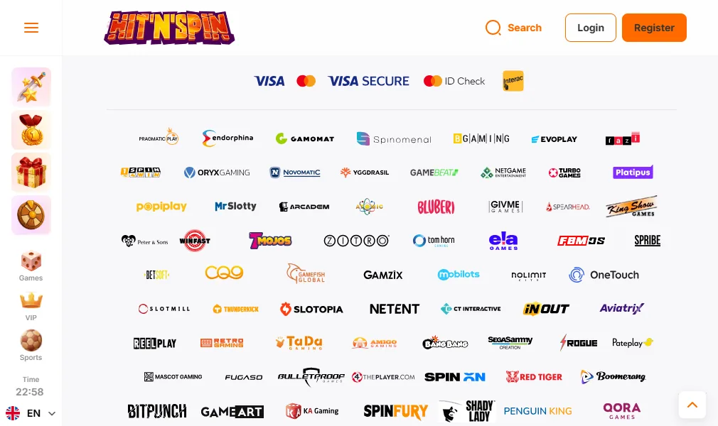 Screenshot of Hit N Spin's cashier and payment methods