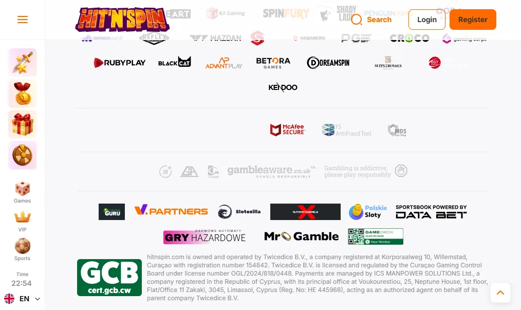 Screenshot of Hit N Spin's footer licence and regulator details