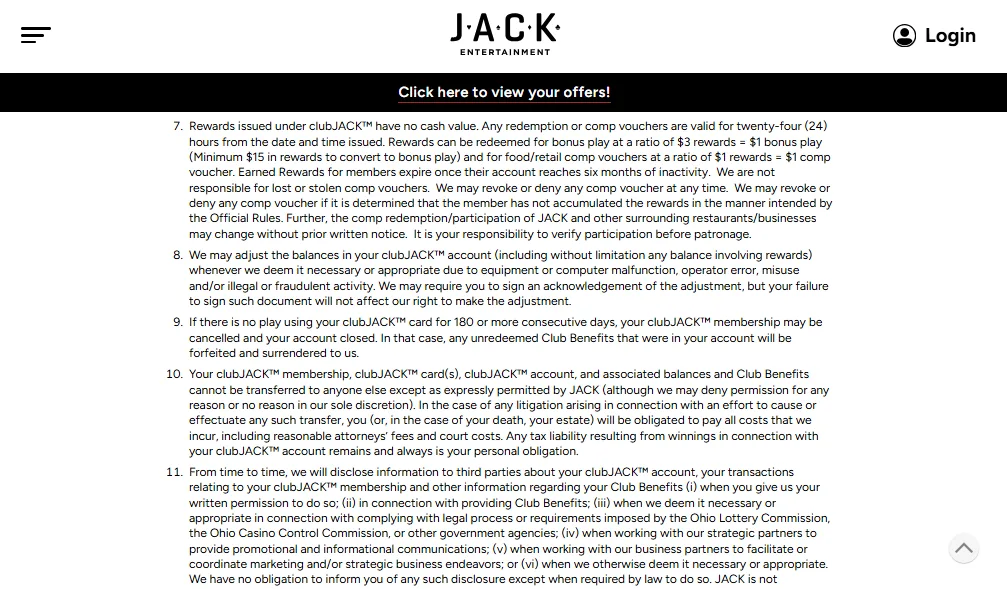 Screenshot of Jack Casino Ohio's bonus terms and wagering requirements
