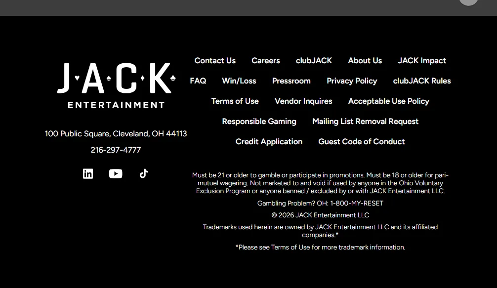 Screenshot of Jack Casino Ohio's footer licence and regulator details