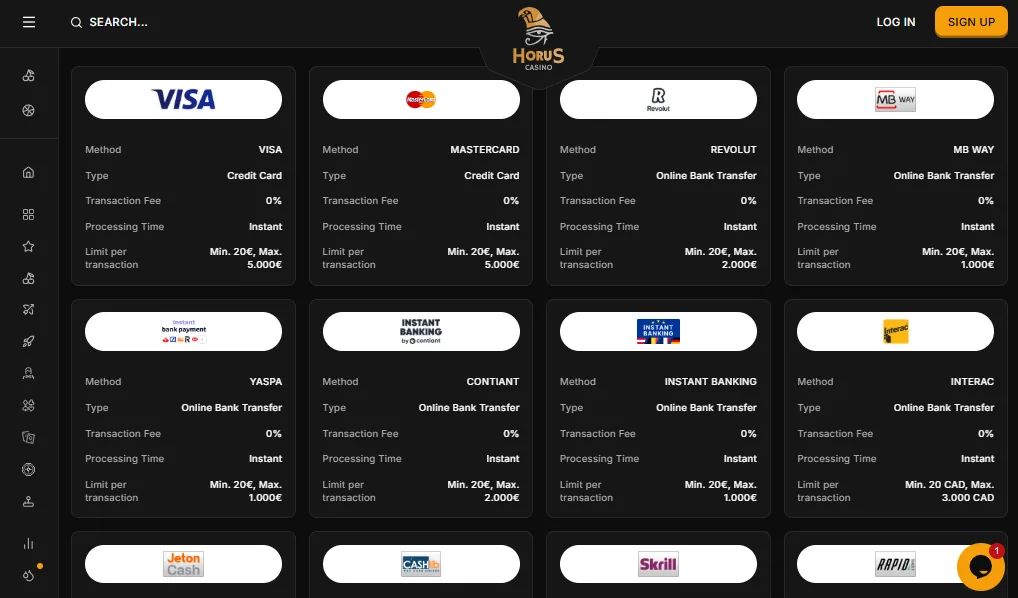 Screenshot of Horus Casino's cashier and payment methods