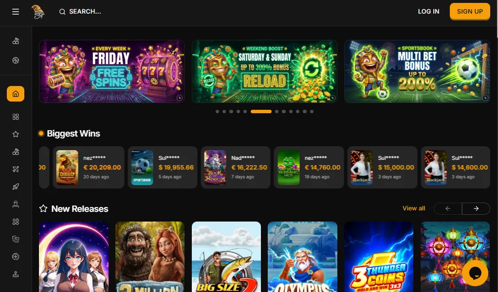 Screenshot of Horus Casino's homepage