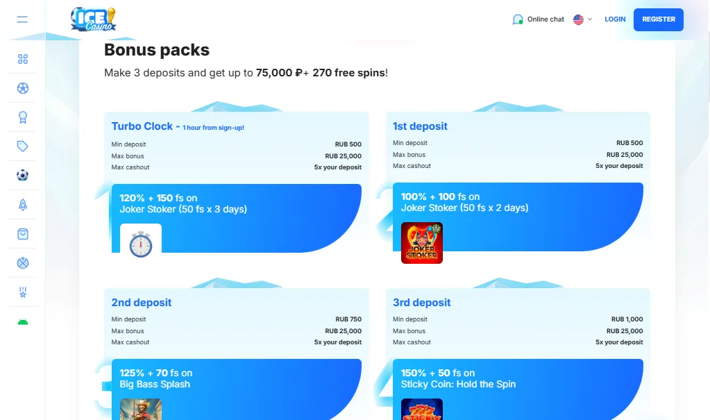 Screenshot of Ice Casino's welcome bonus offer