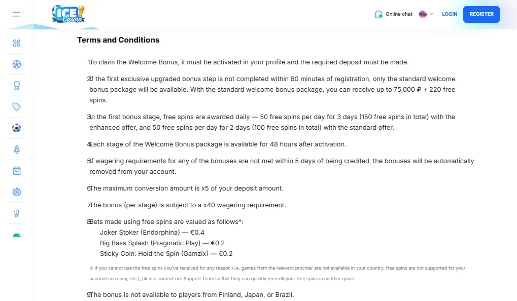 Screenshot of Ice Casino's bonus terms and wagering requirements
