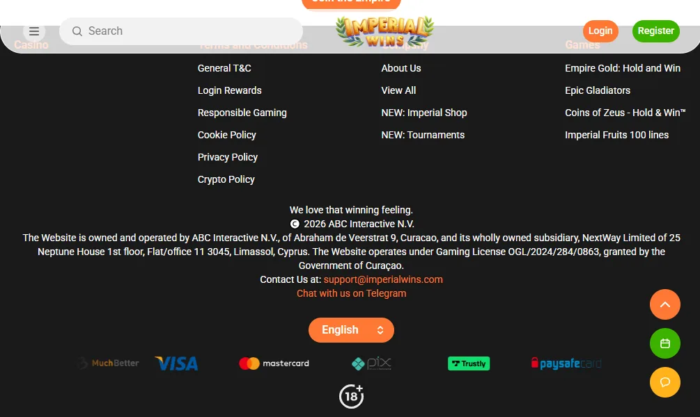 Screenshot of Imperial Wins's footer licence and regulator details