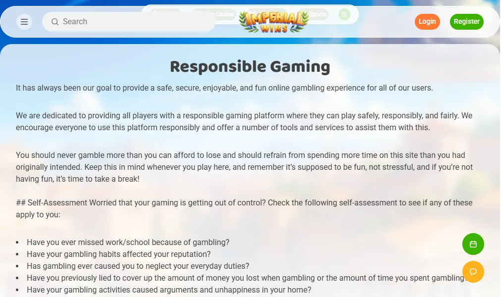 Screenshot of Imperial Wins's responsible-gambling tools