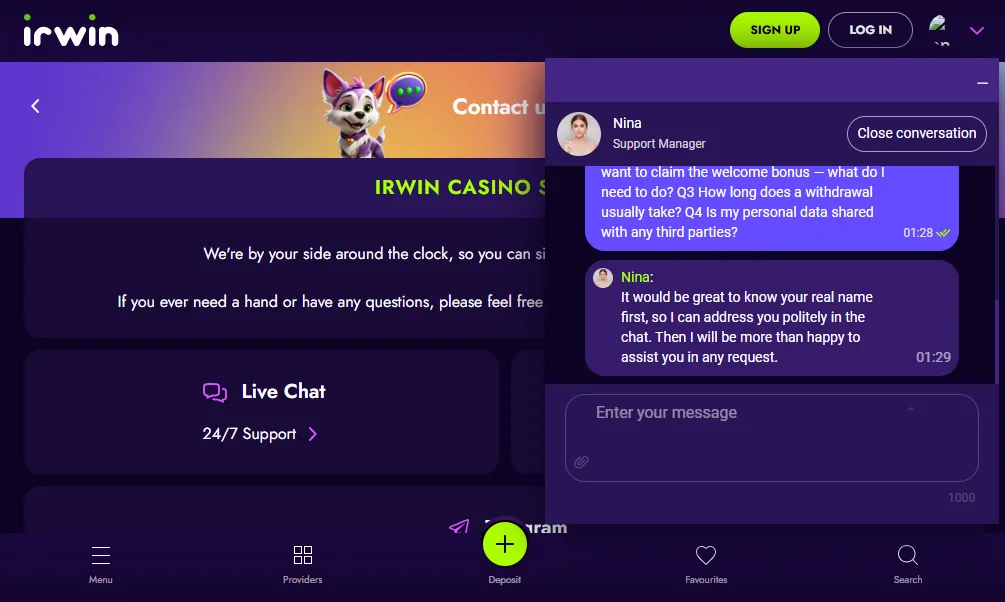Screenshot of Irwin's live chat support window